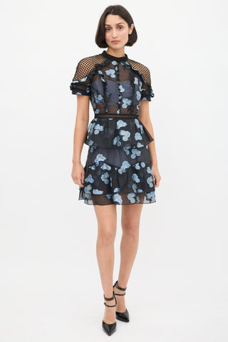 Self-Portrait Black & Light Blue Floral Fil Coupé Cape Dress