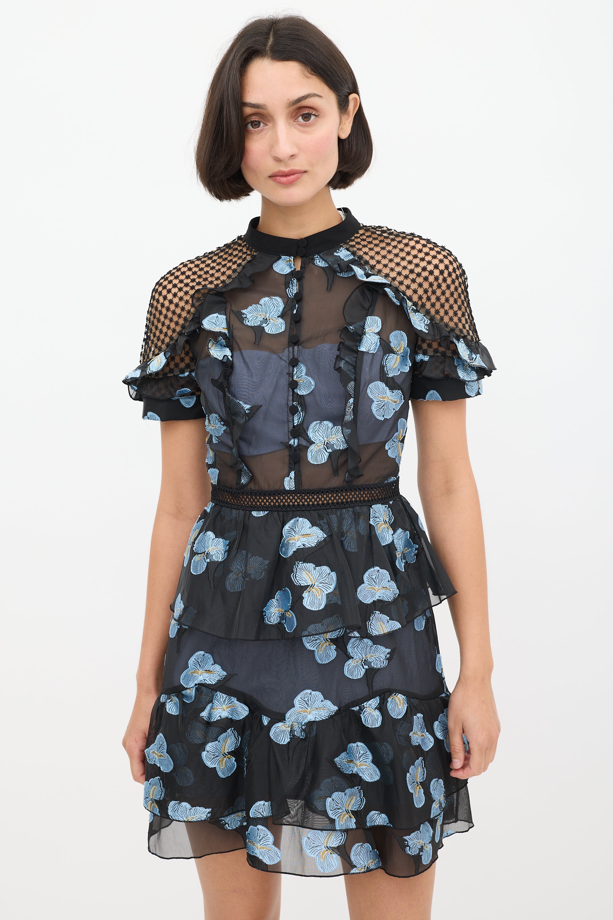 Self-Portrait // Black & Light Blue Floral Fil Coup Cape Dress VSP Consignment Self-Portrait // Black & Light Blue Floral Fil Coup Cape Dress VSP Consignment