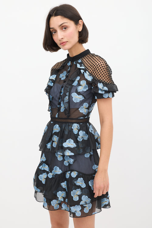 Self-Portrait Black & Light Blue Floral Fil Coupé Cape Dress