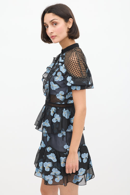 Self-Portrait Black & Light Blue Floral Fil Coupé Cape Dress