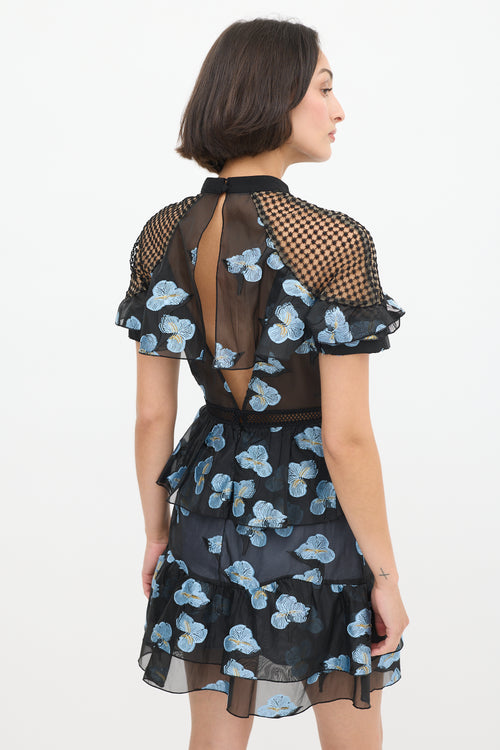 Self-Portrait Black & Light Blue Floral Fil Coupé Cape Dress