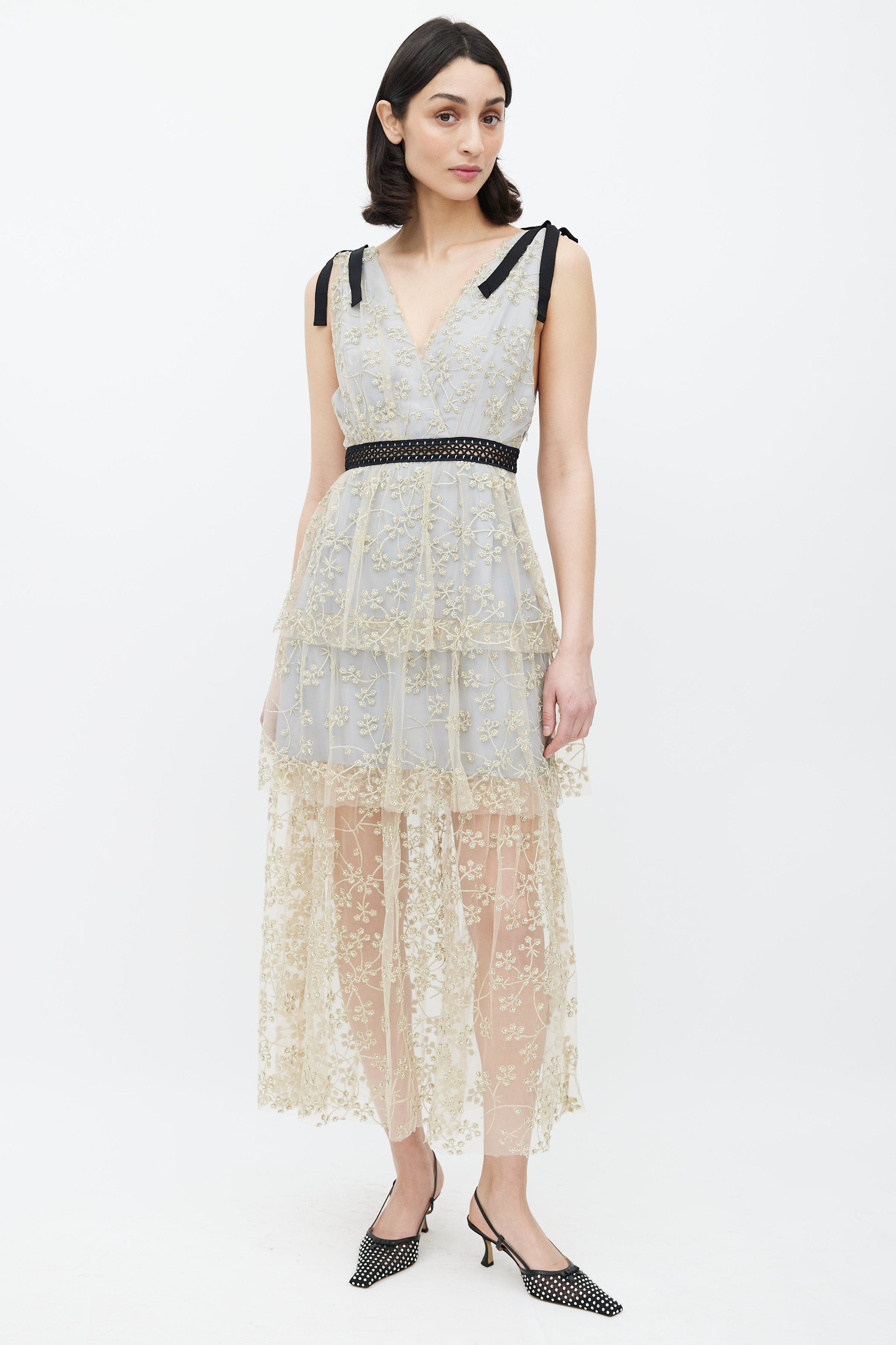 Self-Portrait // Gold & Blue Floral Embellished Dress VSP Consignment Self-Portrait // Gold & Blue Floral Embellished Dress VSP Consignment