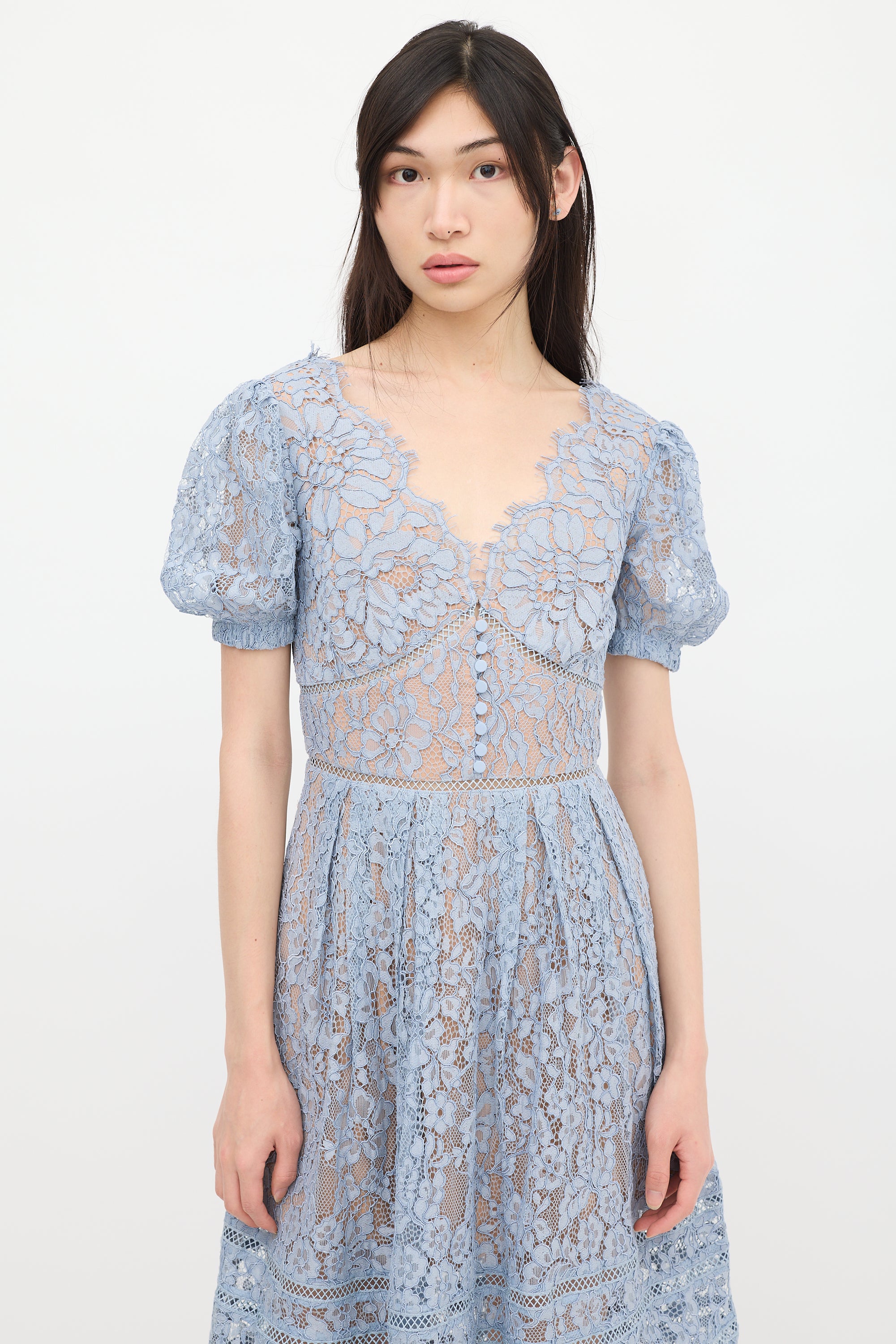 Self-Portrait // Blue Floral Lace Pleated Midi Dress VSP Consignment Self-Portrait // Blue Floral Lace Pleated Midi Dress VSP Consignment