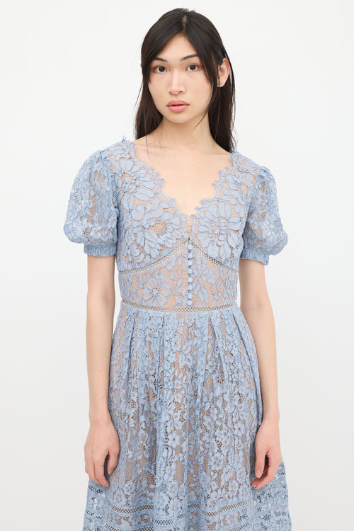 Self-Portrait Blue Floral Lace Pleated Midi Dress