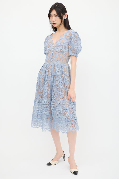 Self-Portrait Blue Floral Lace Pleated Midi Dress