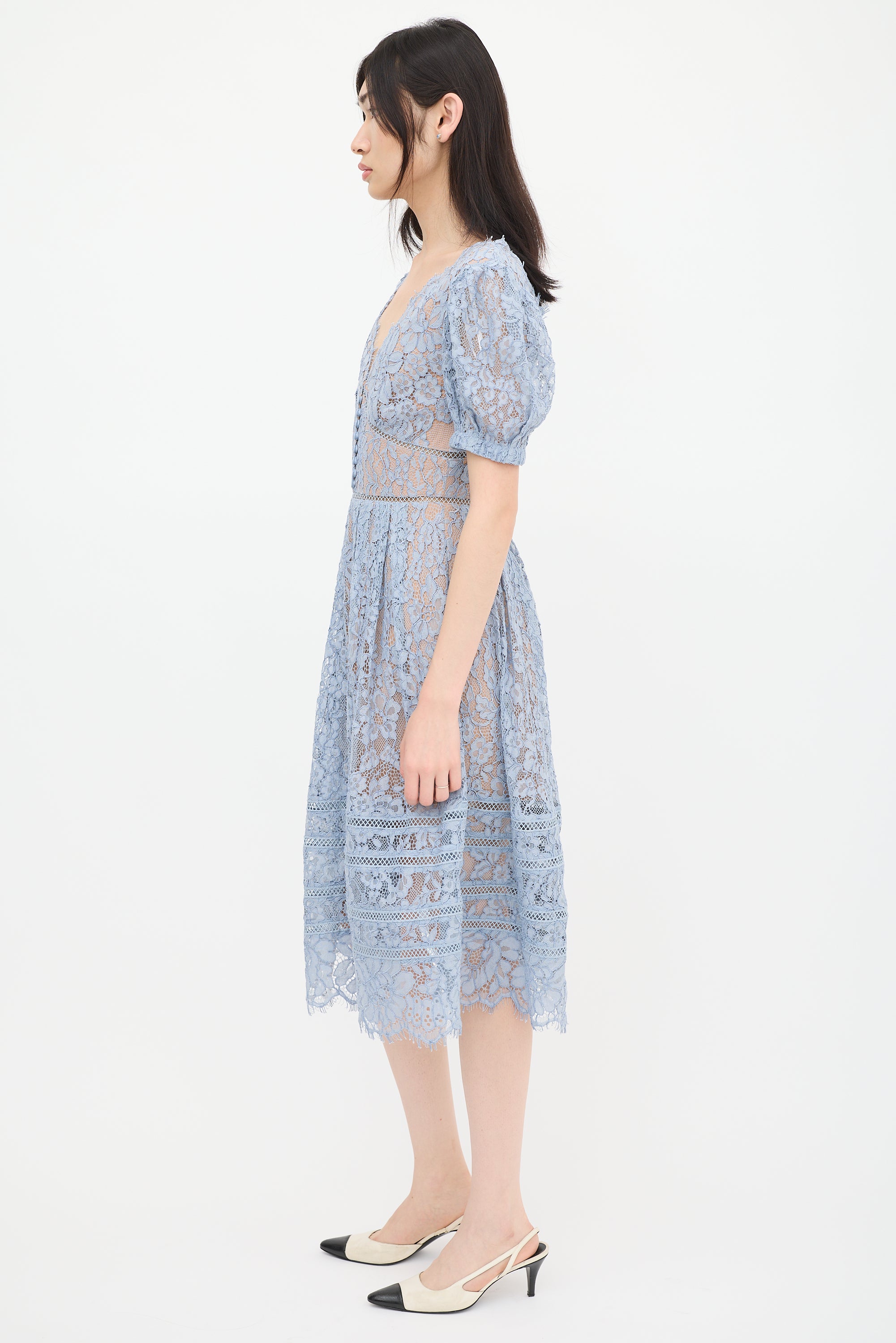 Self-Portrait // Blue Floral Lace Pleated Midi Dress VSP Consignment Self-Portrait // Blue Floral Lace Pleated Midi Dress VSP Consignment