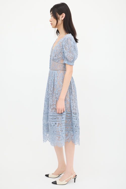 Self-Portrait Blue Floral Lace Pleated Midi Dress