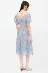 Self-Portrait Blue Floral Lace Pleated Midi Dress