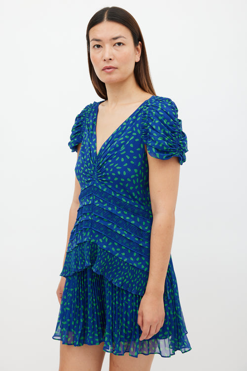 Self-Portrait Blue & Green Chiffon Dot Mini Dress