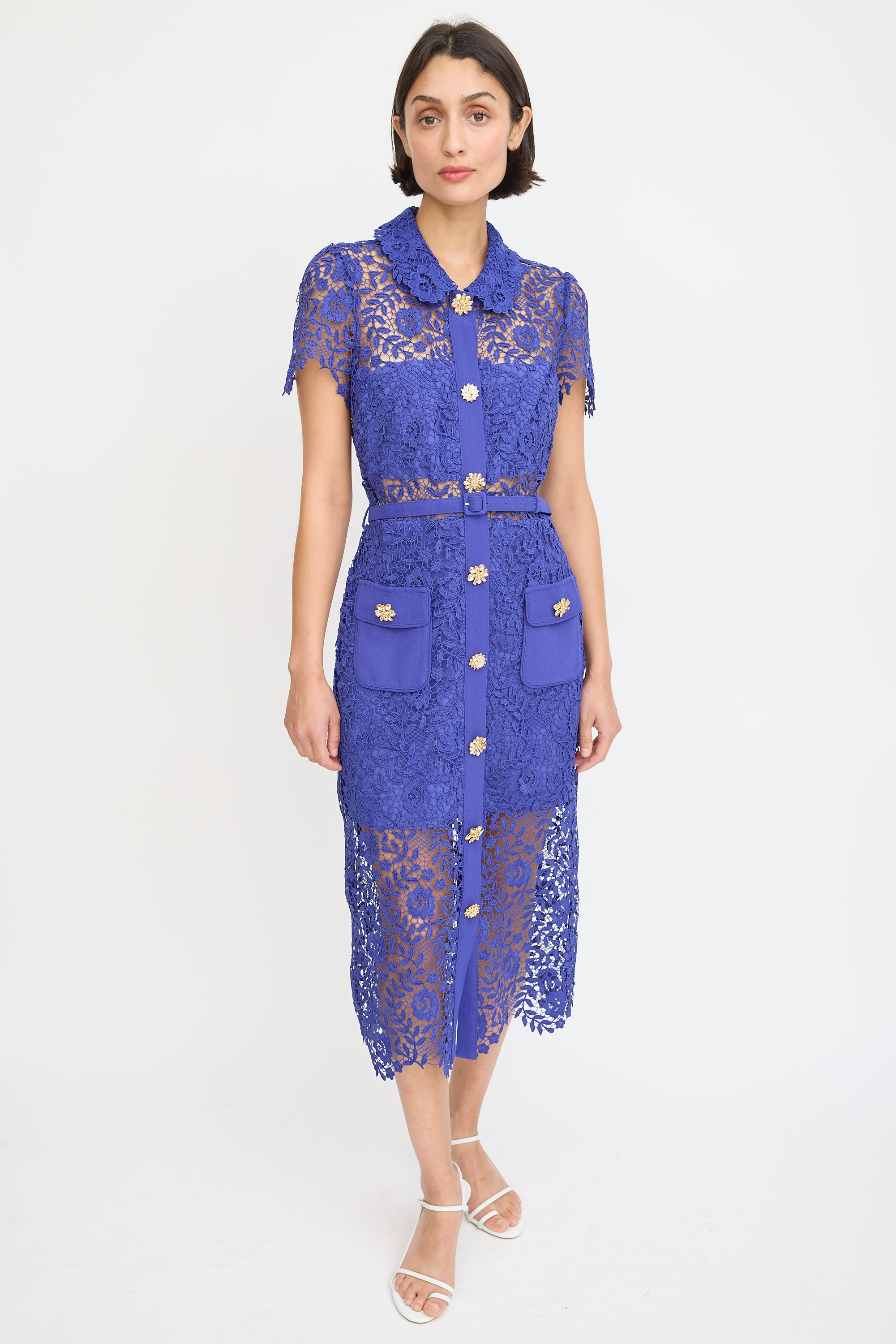 Self-Portrait // Blue Floral Lace Belted Button Up Dress VSP Consignment Self-Portrait // Blue Floral Lace Belted Button Up Dress VSP Consignment