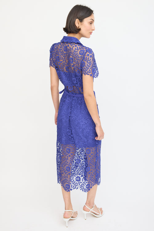 Self-Portrait Blue Floral Lace Belted Button Up Dress