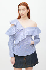 Self-Portrait Blue & White Asymmetrical Striped Top