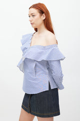 Self-Portrait Blue & White Asymmetrical Striped Top