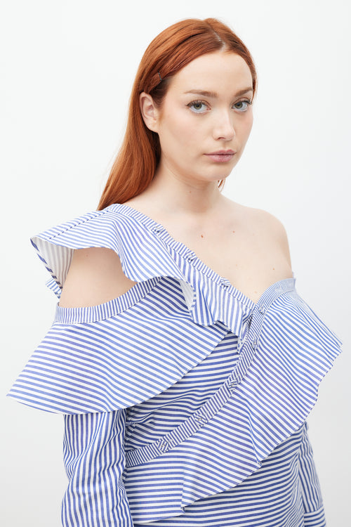Self-Portrait Blue & White Asymmetrical Striped Top