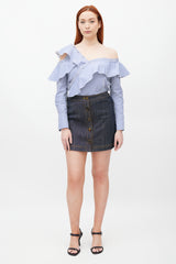 Self-Portrait Blue & White Asymmetrical Striped Top