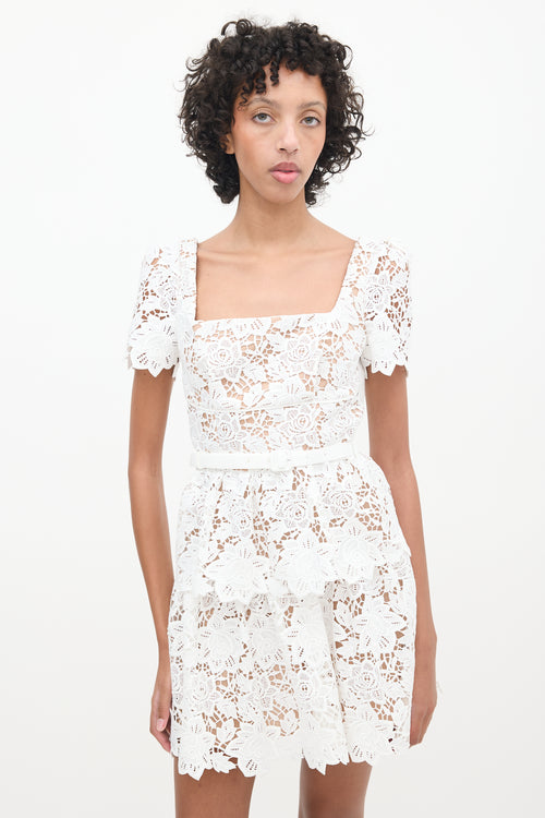 Self-Portrait Brown & White Floral Lace Belted Dress