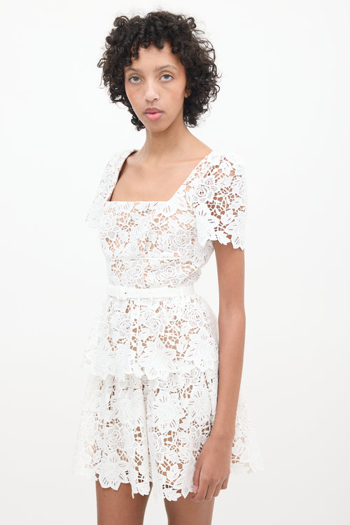 Self-Portrait Brown & White Floral Lace Belted Dress