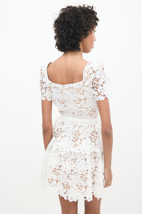 Self-Portrait Brown & White Floral Lace Belted Dress