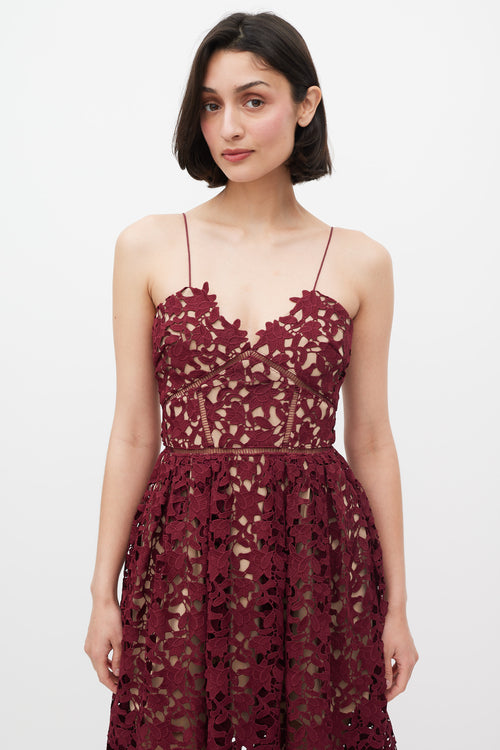 Self-Portrait Burgundy Floral Lace Panelled A-Line Dress