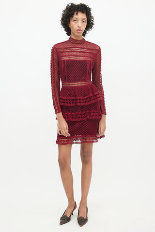 Self-Portrait Burgundy Lace Long Sleeve Dress