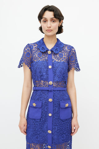 Self-Portrait Cobalt Blue Rose Lace Button Dress