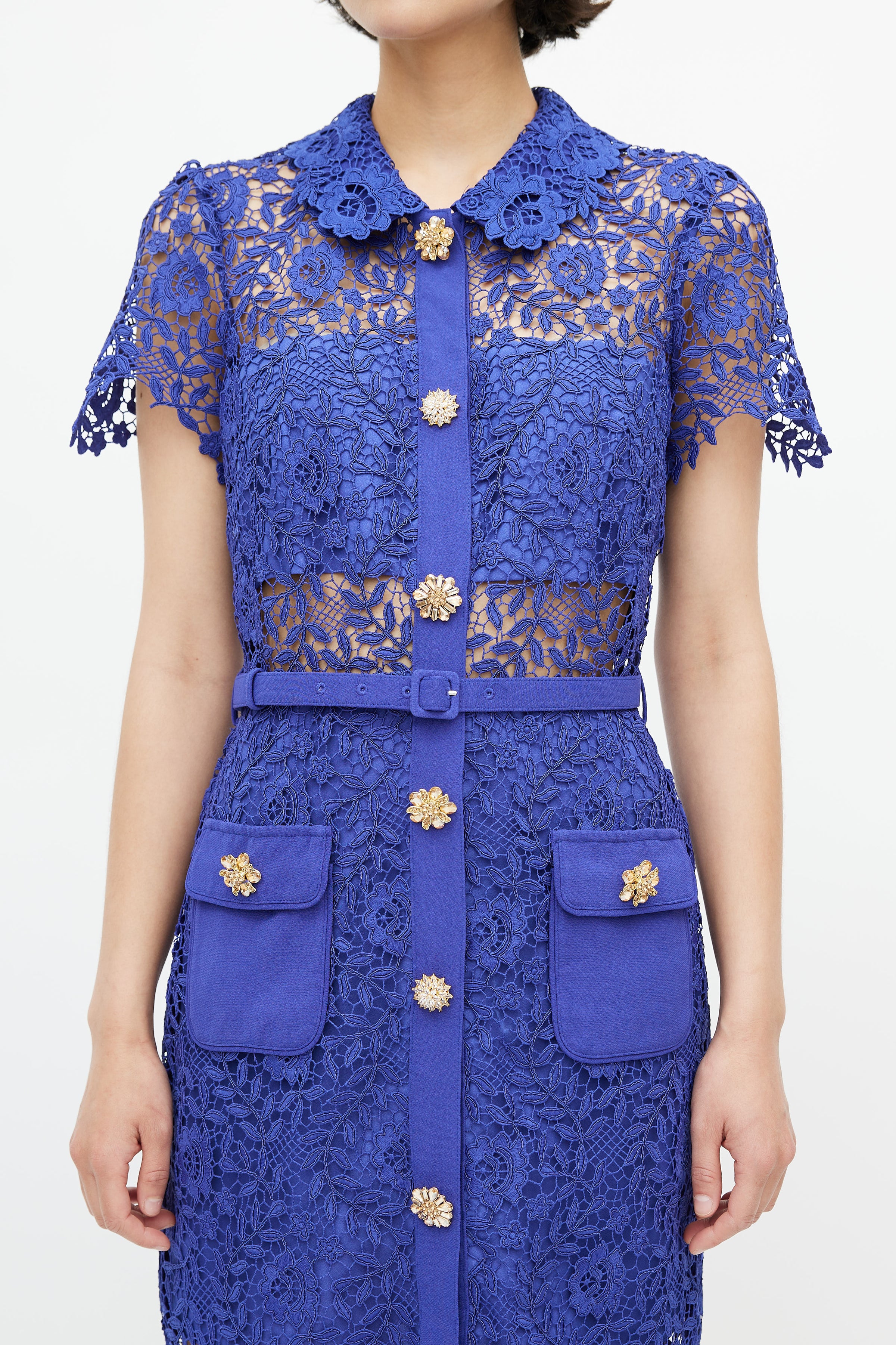 Self-Portrait // Cobalt Blue Rose Lace Button Dress – VSP Consignment