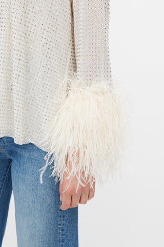 Self-Portrait Cream Rhinestone Mesh Feather Trimmed Shirt