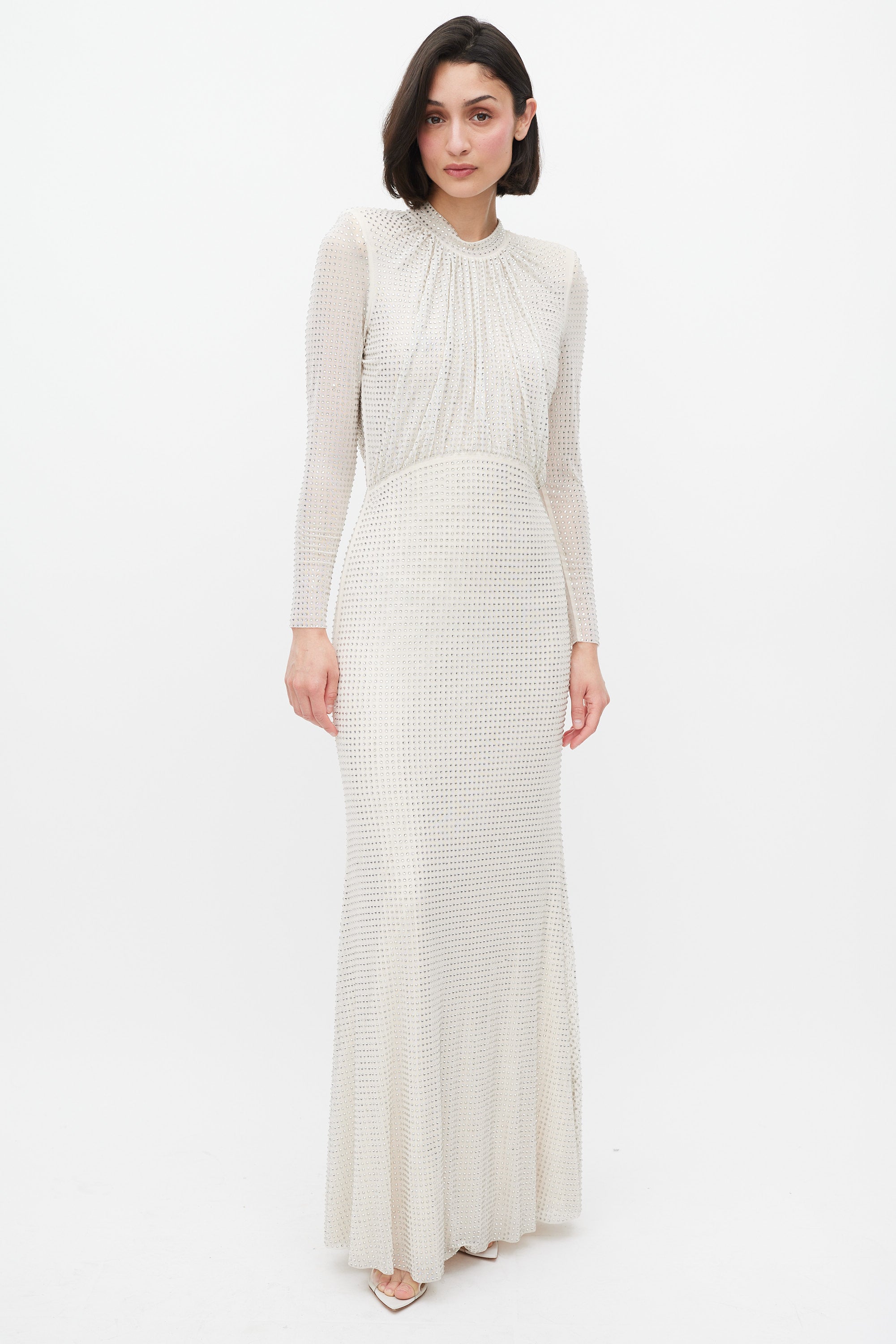 self portrait cream rhinestone mesh maxi dress self-portrait Mesh Rhinestone Maxi Dress in Cream