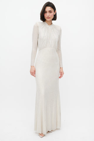 Self-Portrait Cream Rhinestone Mesh Long Sleeve Maxi Dress