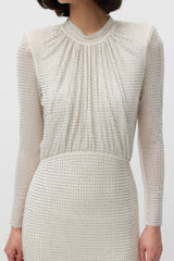 Self-Portrait Cream Rhinestone Mesh Long Sleeve Maxi Dress