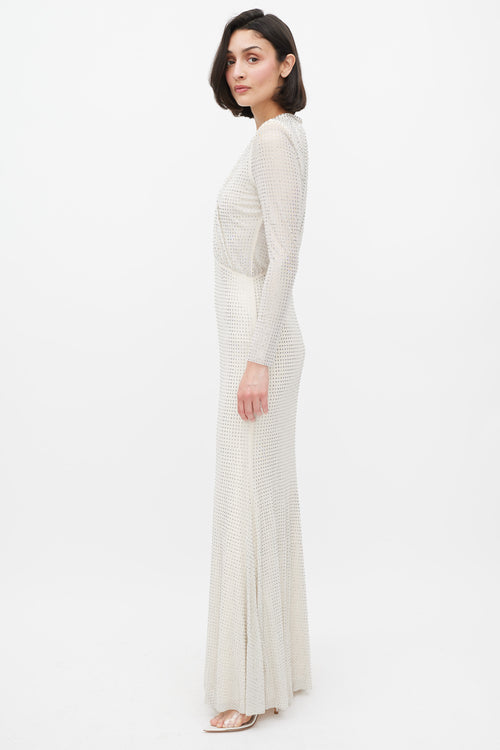 Self-Portrait Cream Rhinestone Mesh Long Sleeve Maxi Dress