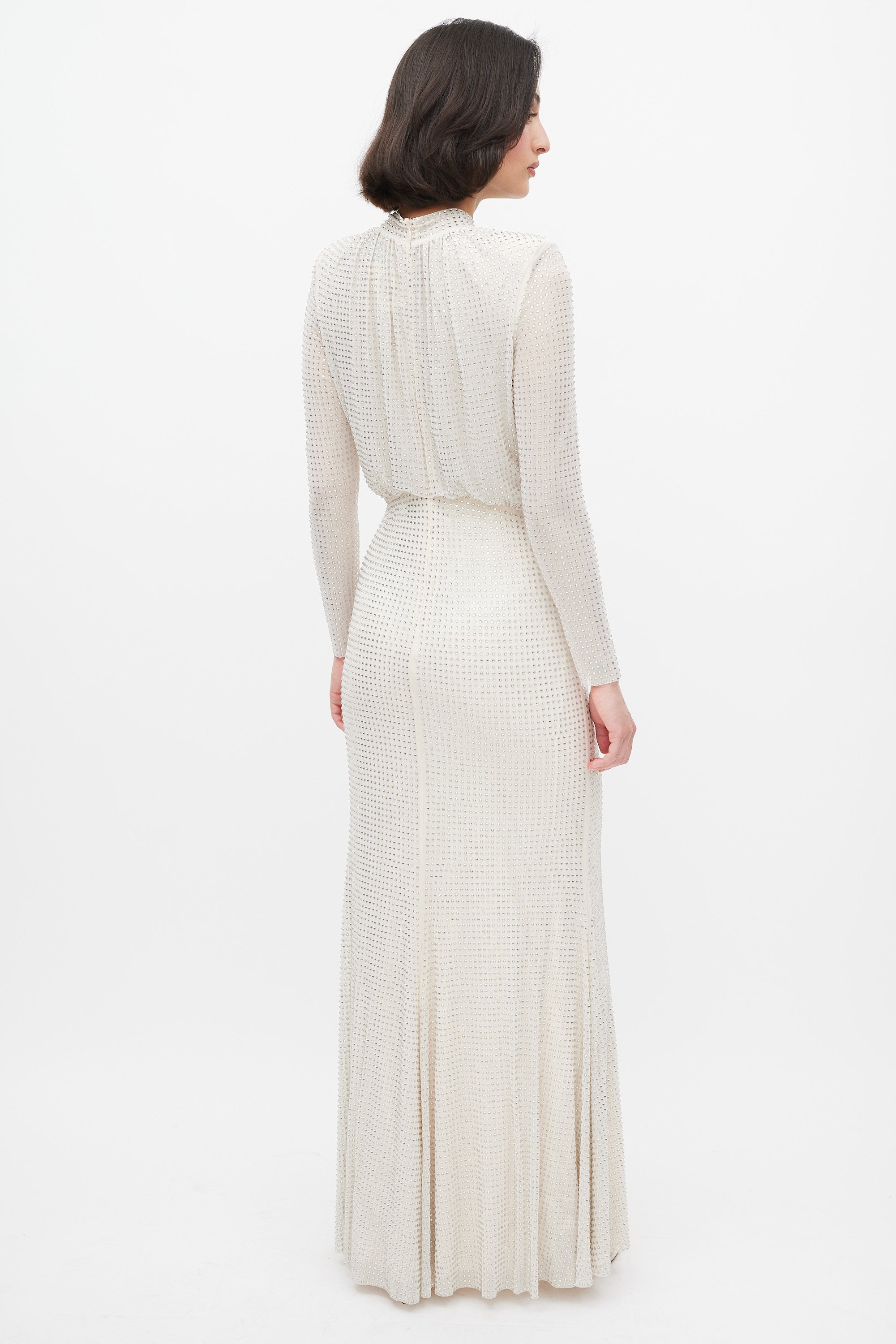 Self-Portrait // Cream Rhinestone Mesh Long Sleeve Maxi Dress – VSP Consignment