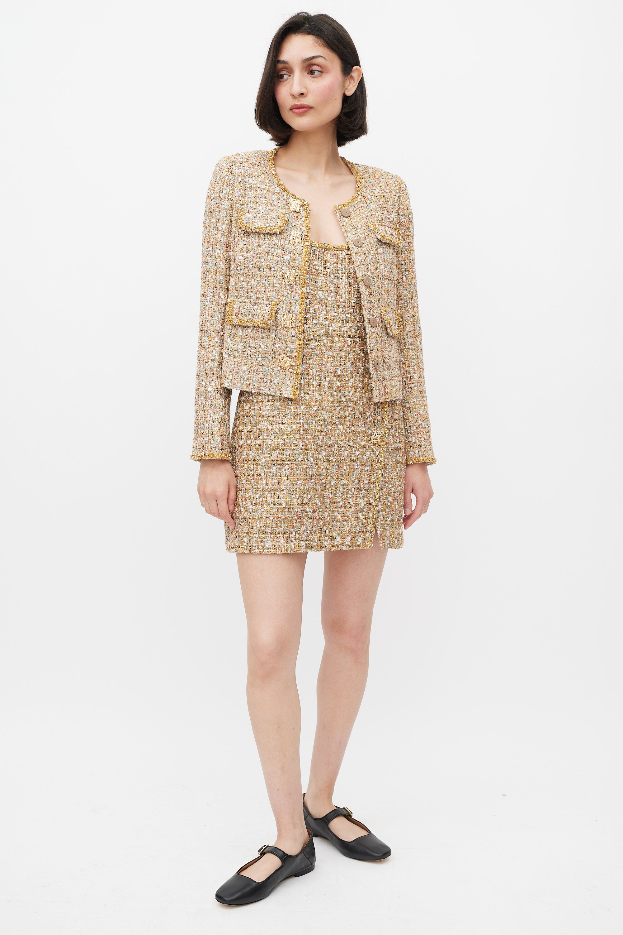 Self-Portrait // Gold & Mulitcolour Tinsel Boucle Dress & Jacket Set VSP Consignment Self-Portrait // Gold & Mulitcolour Tinsel Boucle Dress & Jacket Set VSP Consignment