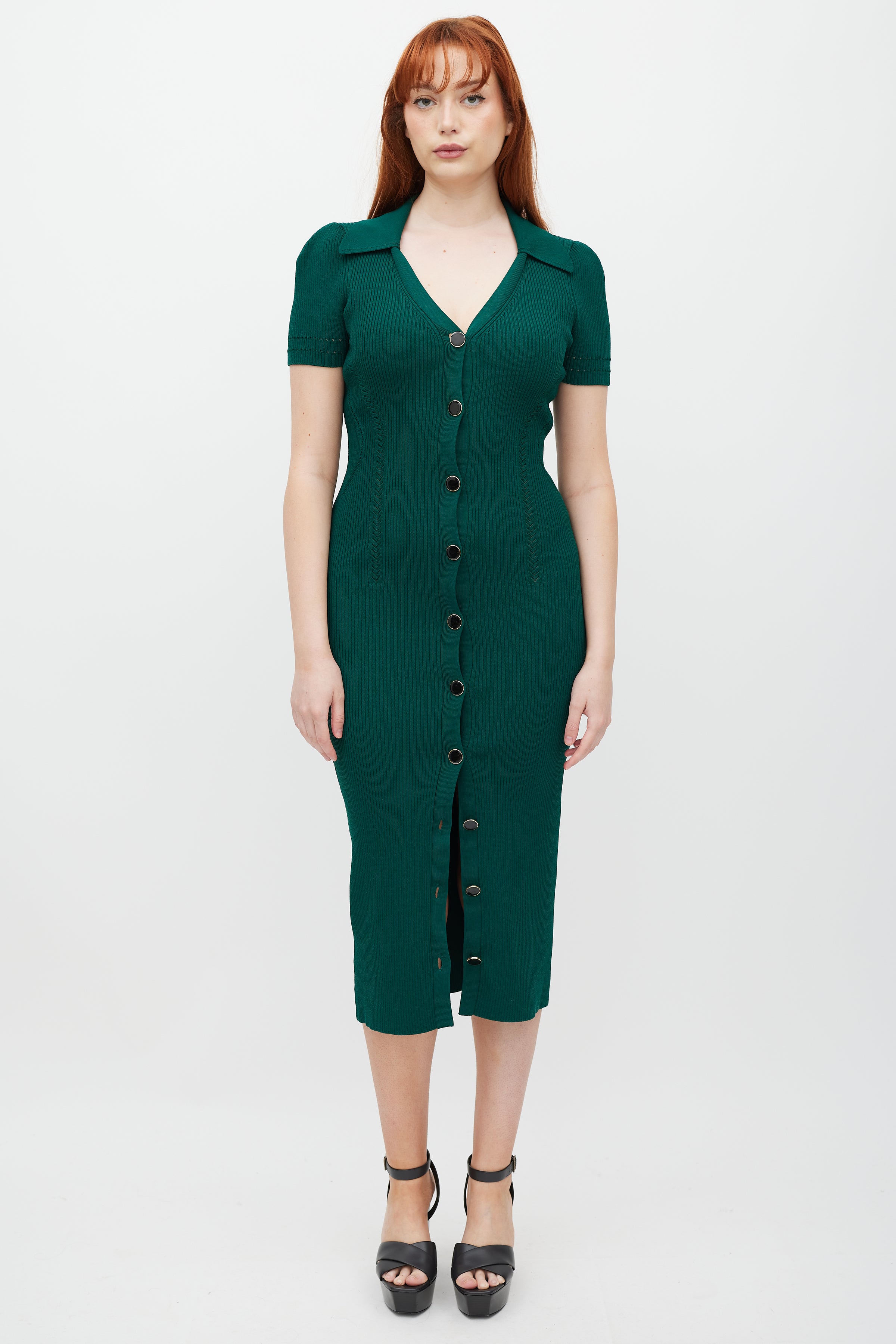 Self-Portrait // Green & Gold Ribbed Polo Dress VSP Consignment Self-Portrait // Green & Gold Ribbed Polo Dress VSP Consignment