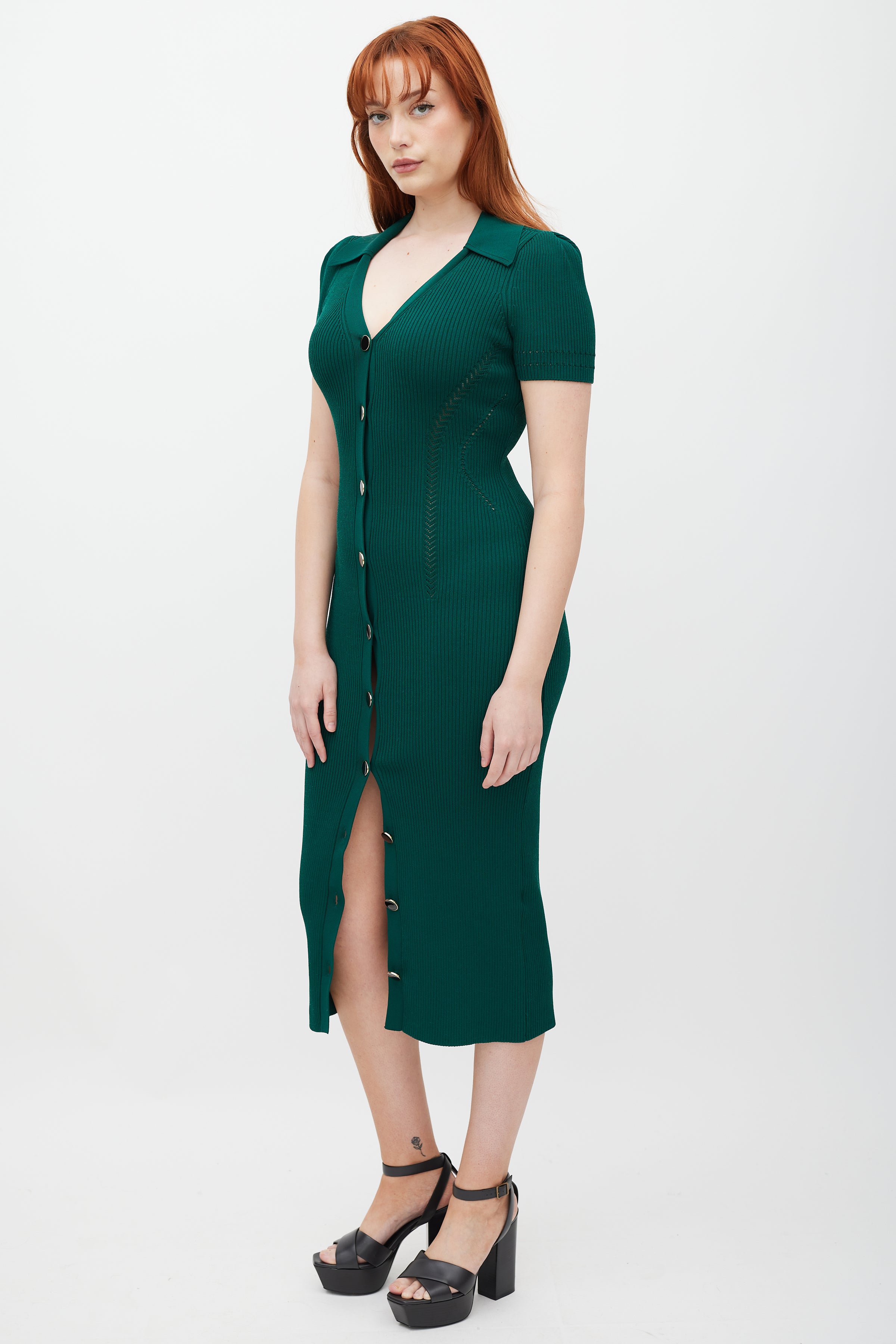 Self-Portrait // Green & Gold Ribbed Polo Dress VSP Consignment Self-Portrait // Green & Gold Ribbed Polo Dress VSP Consignment