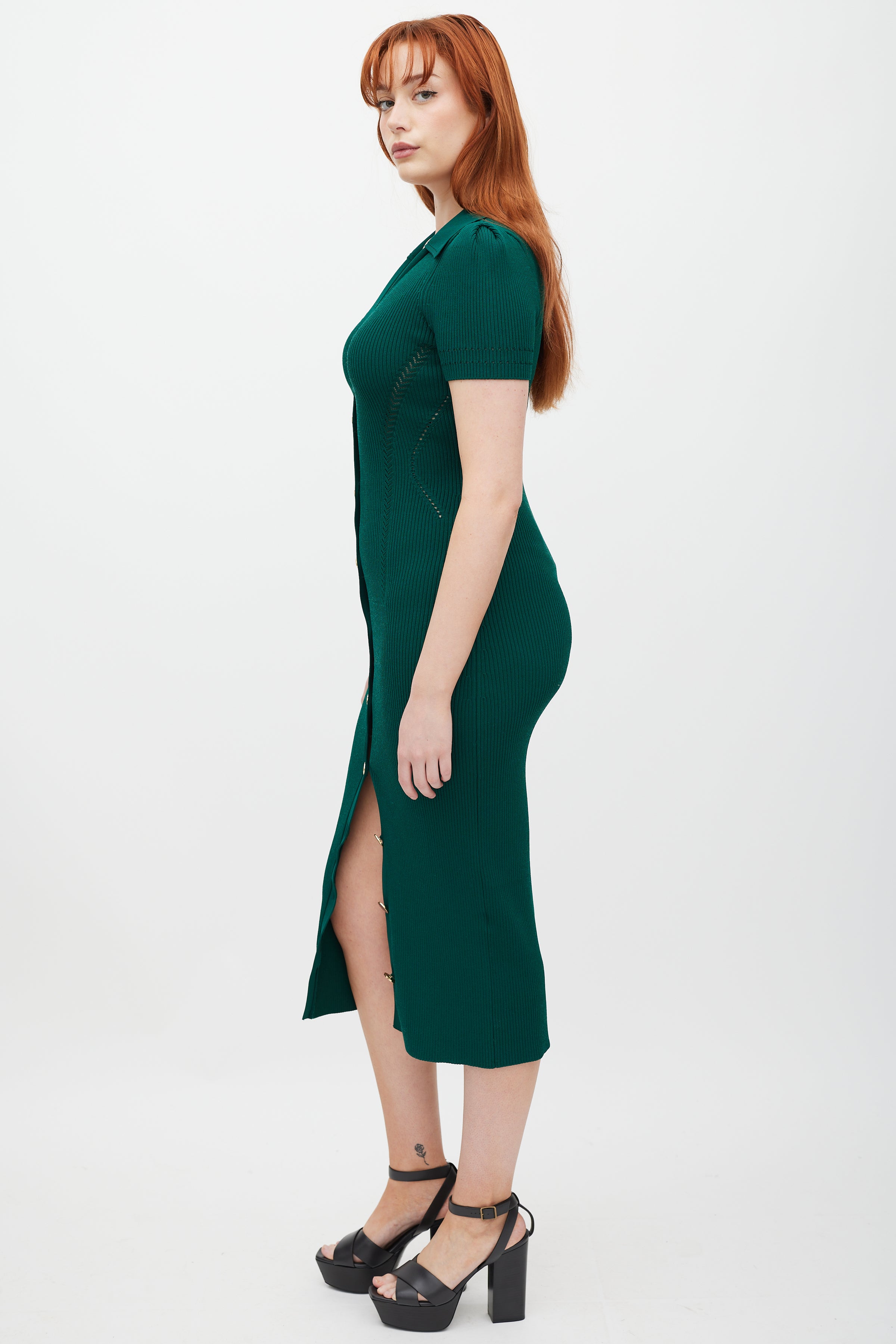 Self-Portrait // Green & Gold Ribbed Polo Dress VSP Consignment Self-Portrait // Green & Gold Ribbed Polo Dress VSP Consignment