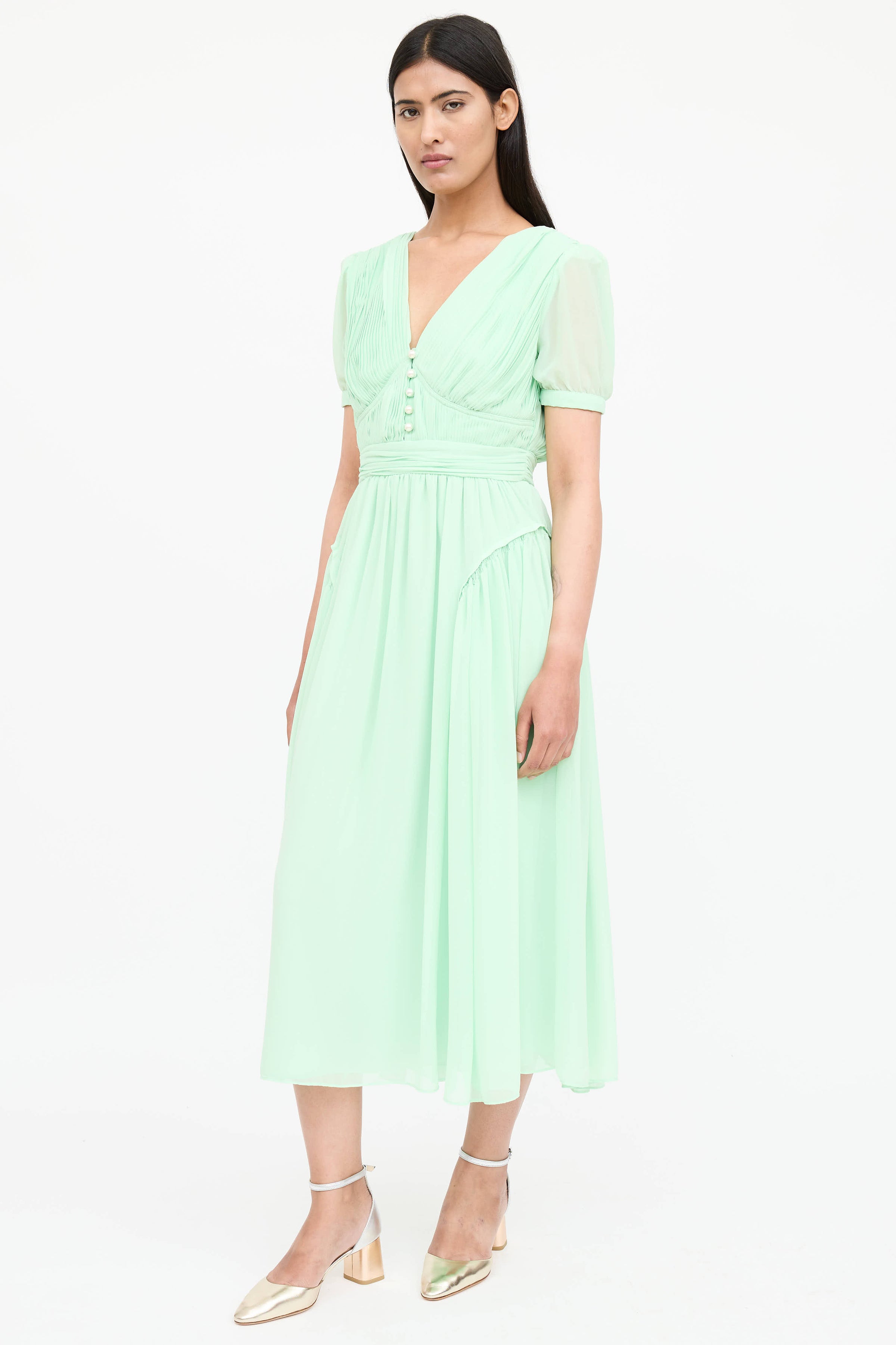self portrait green pleated dress Christmas Outfit: Green Self Portrait Chiffon Midi Dress