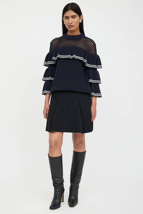 Self-Portrait Wool Ruffled Striped Knit Sweater