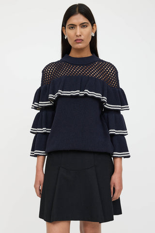 Self-Portrait Wool Ruffled Striped Knit Sweater