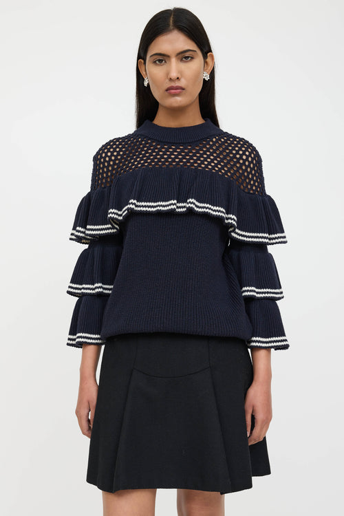Self-Portrait Wool Ruffled Striped Knit Sweater