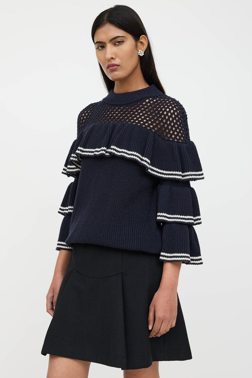 Self-Portrait Wool Ruffled Striped Knit Sweater