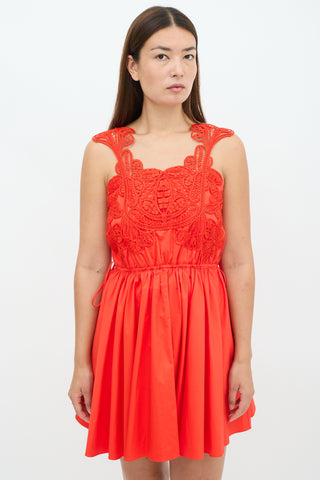 Self-Portrait Red Cotton Floral Macrame Mini Dress