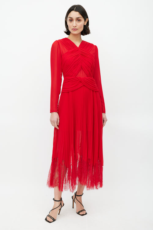Self-Portrait Red Sheer Pleated Dress