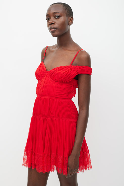 Self-Portrait Red Pleated Off Shoulder Dress