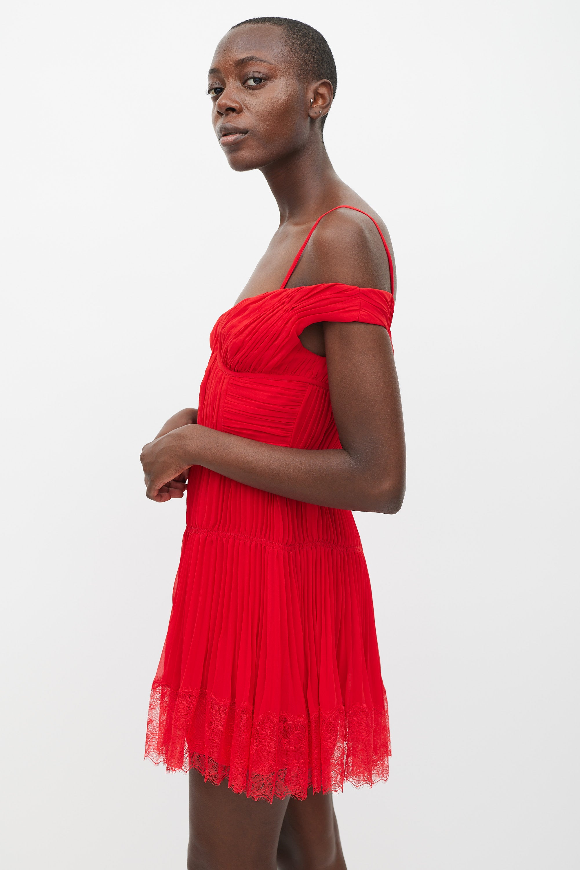 Self-Portrait // Red Pleated Off Shoulder Dress – VSP Consignment