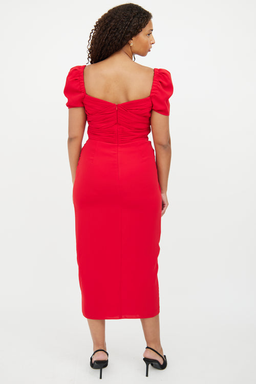 Self-Portrait Red Ruched Midi Dress