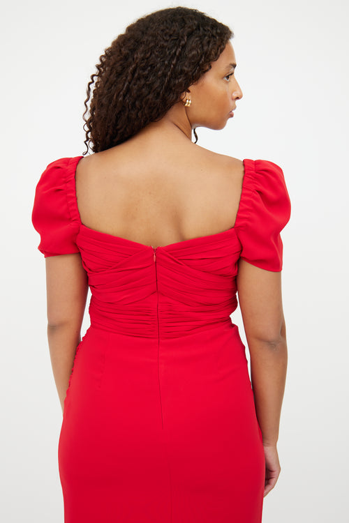 Self-Portrait Red Ruched Midi Dress