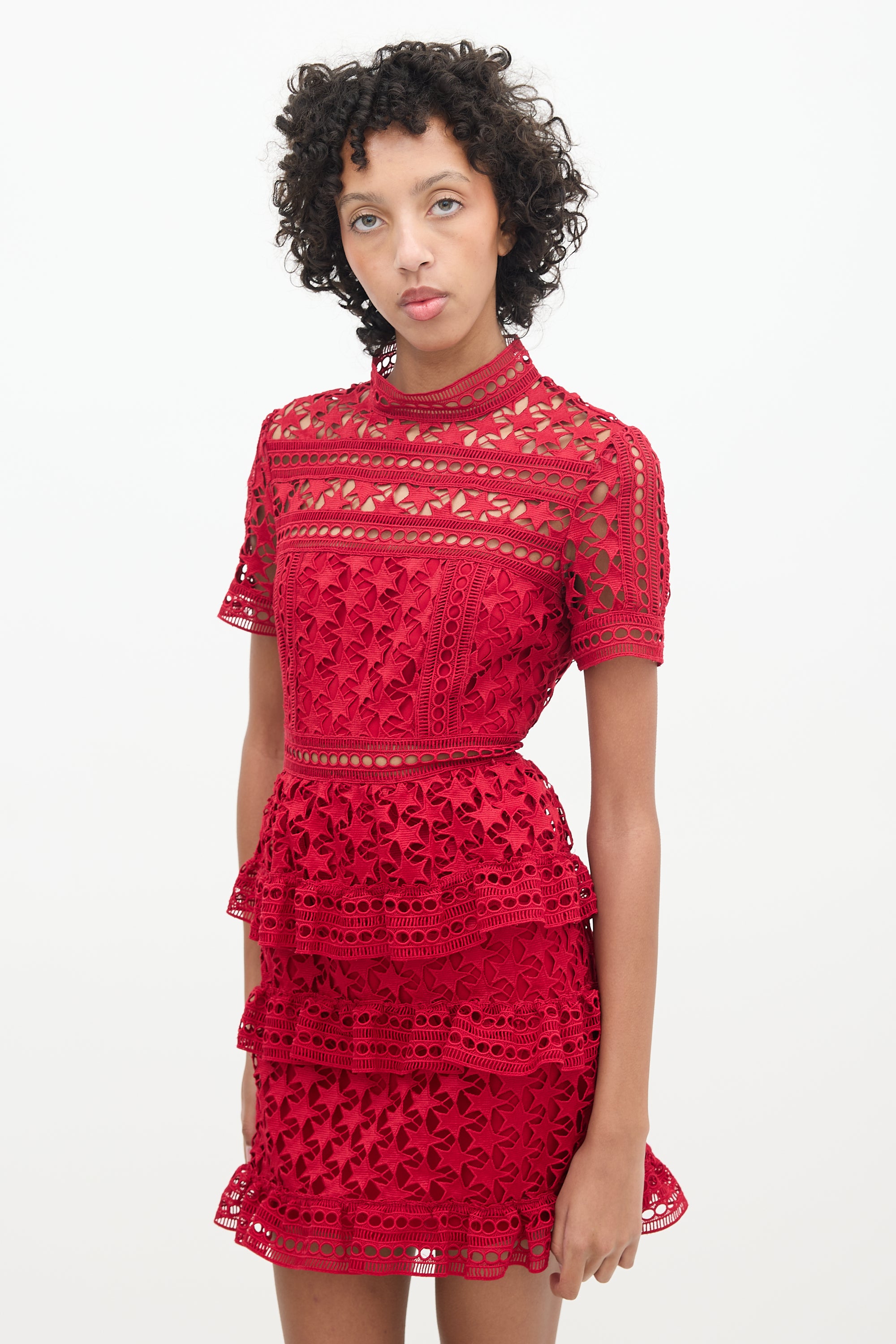 self portrait high neck star lace panelled dress self-portrait High Neck Star Lace Panelled Dress in Red