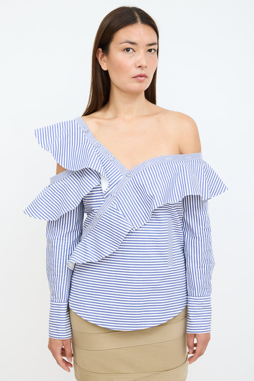 Self-Portrait White & Blue Stripe Asymmetrical Ruffle Blouse