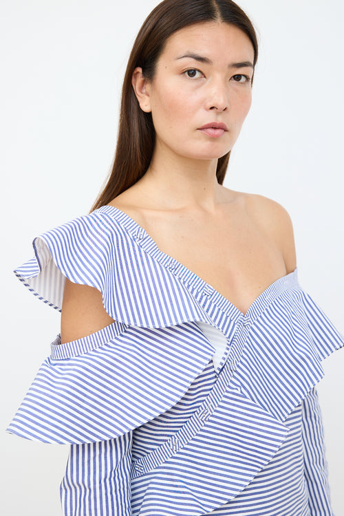 Self-Portrait White & Blue Stripe Asymmetrical Ruffle Blouse